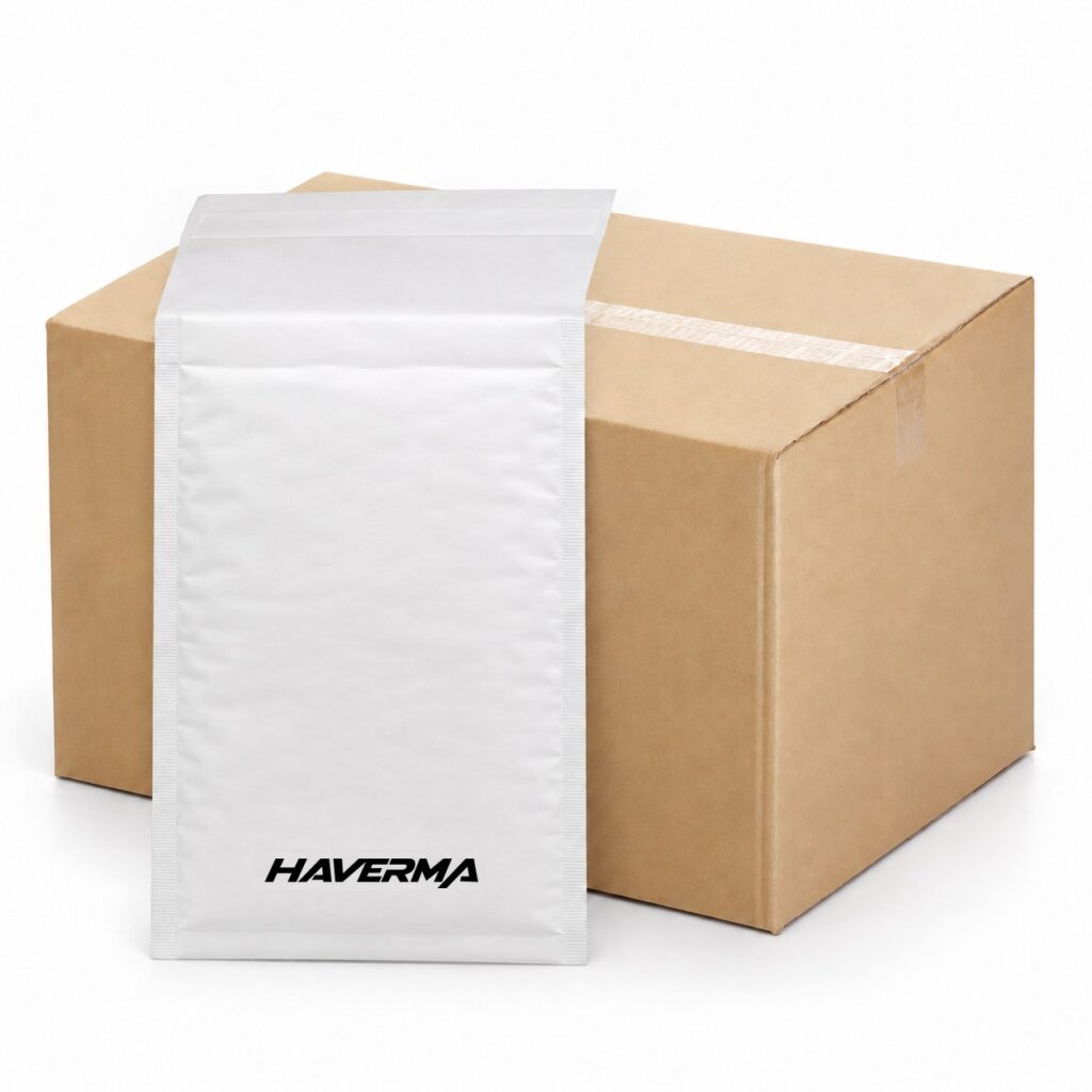 B5-Luftpolstertasche mit unverändertem HAVERMA-Original-Logo unten mittig vor unbedrucktem Karton